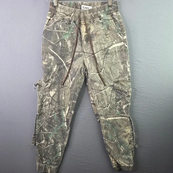 Telepatia Camo Cargo Joggers Mens Small Green Brown Tree Forest Utility Pants - Picture 2 of 9